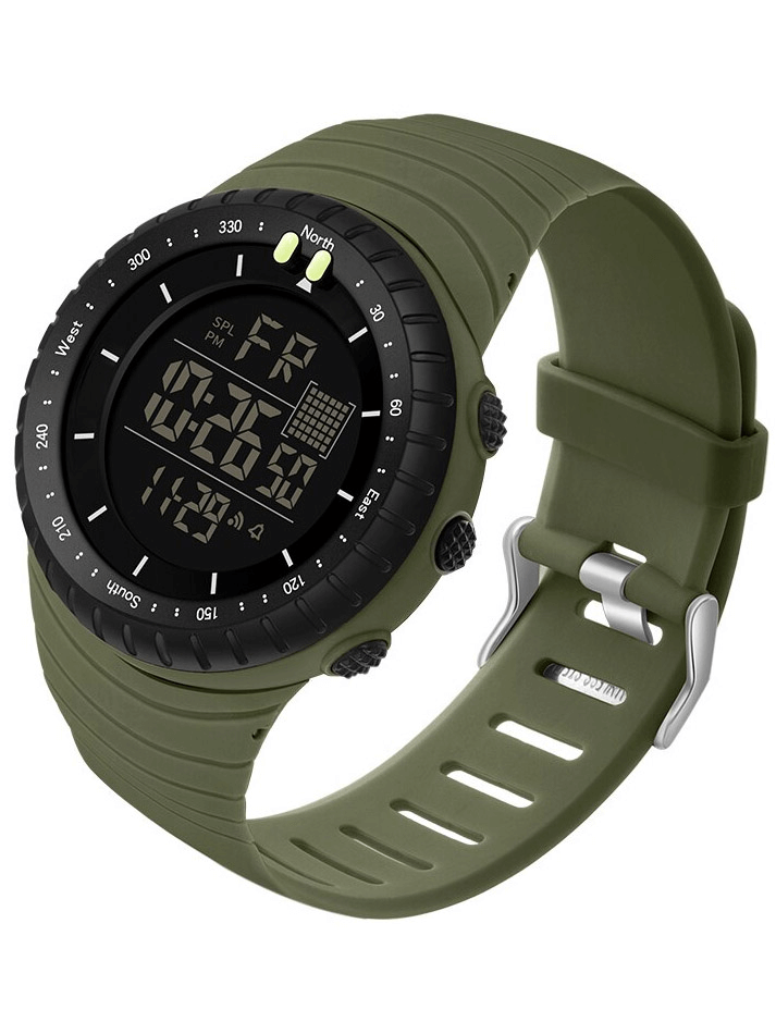 Outdoor sports digital watch with large black screen, green rubber band, and durable resin case. Stylish and functional for active lifestyles.