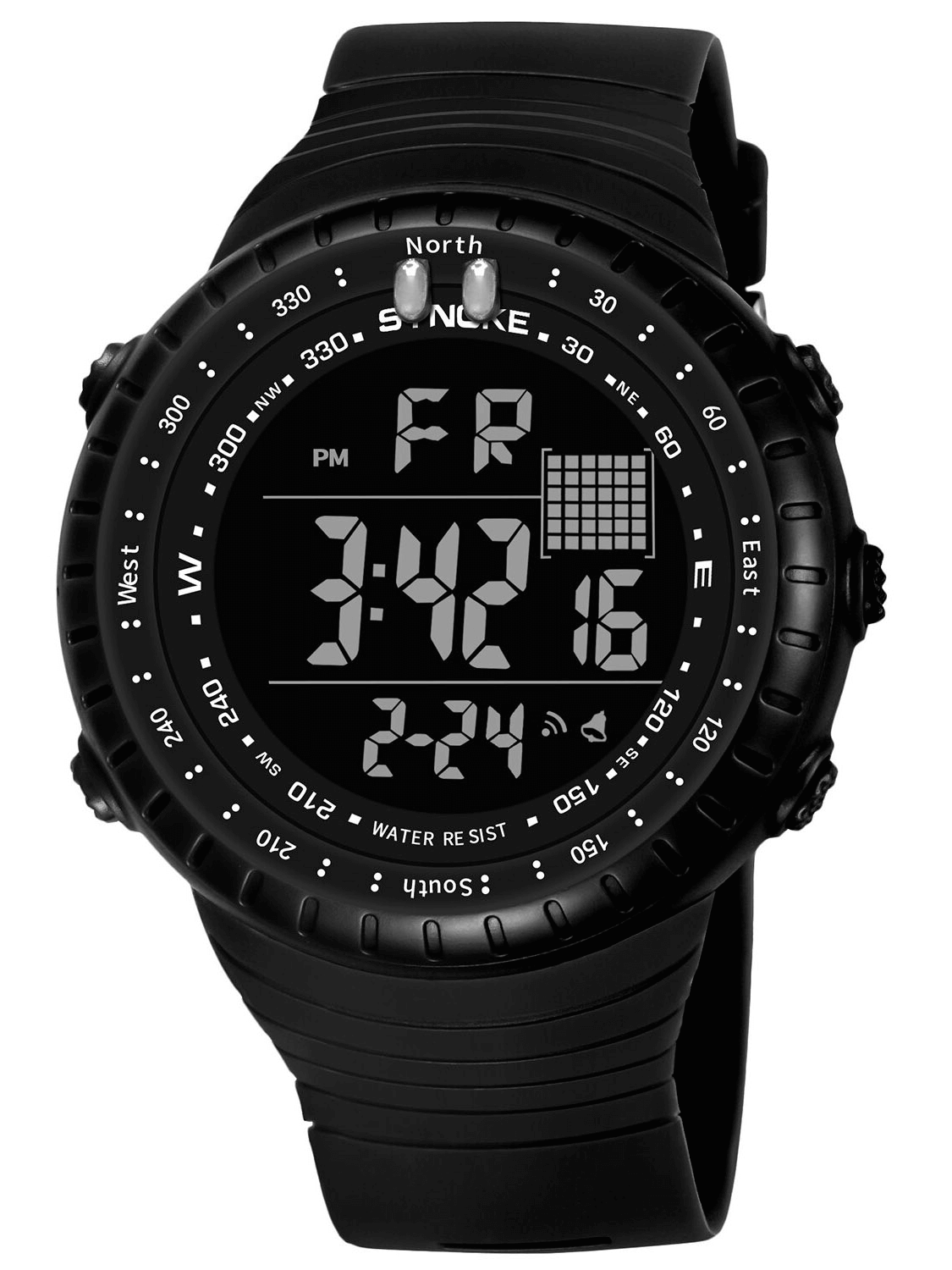 Outdoor sports digital watch SF1313 with large screen, black resin case, rubber band, water resistant 5Bar, showing digital time