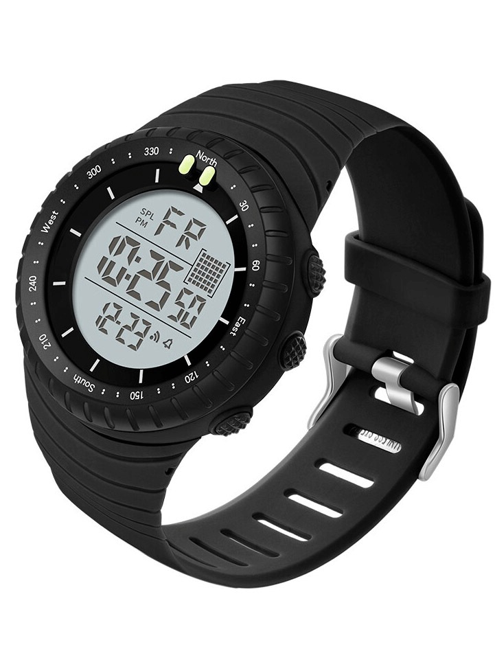 Outdoor sports digital watch SF1313 with large screen, black rubber band, features stopwatch, backlight, 5Bar water resistance.
