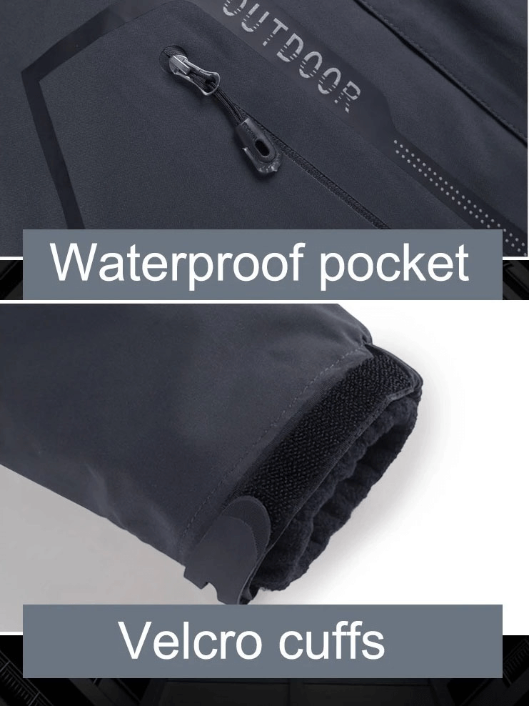 Close-up of waterproof pocket and velcro cuffs on Outdoor Sports Men's Waterproof Jacket SF1844, ideal for winter activities.