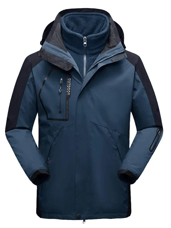 Stylish blue men's waterproof 2 in 1 jacket for winter sports, featuring a hooded collar and breathable polyester material, model SF1844.