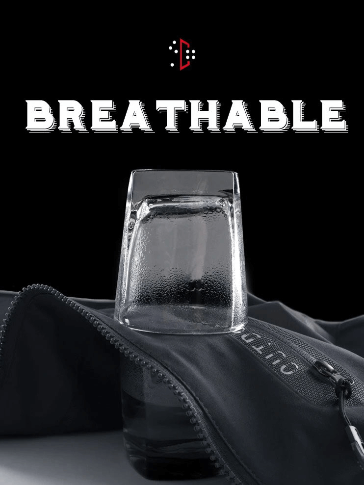 Breathable waterproof jacket with a glass showcasing anti-pilling polyester fabric for outdoor sports activities.