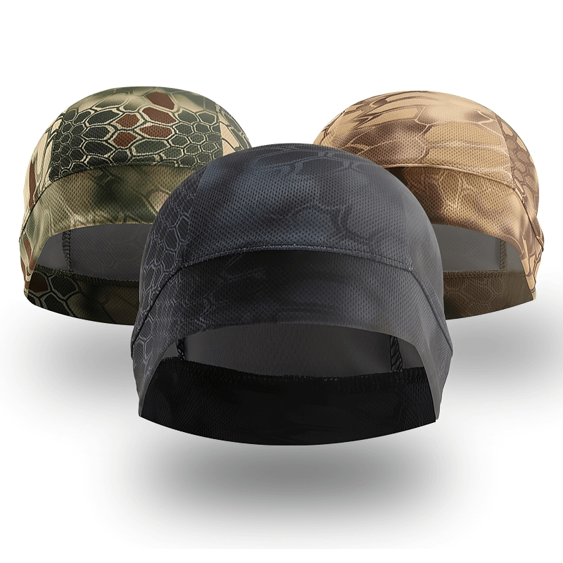 Three unisex outdoor sports windproof stretch beanies with printed patterns, perfect for cycling, shown in green, black, and brown.