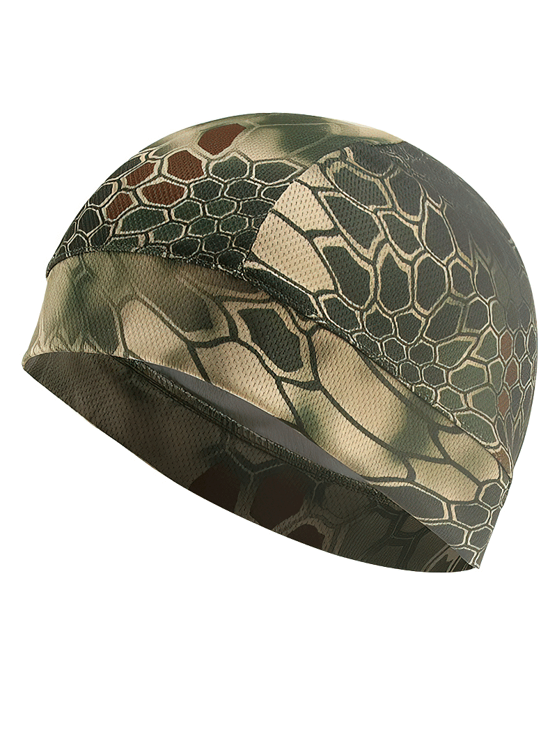 Camouflage printed unisex windproof beanie for outdoor sports, cycling, and hiking. Breathable polyester with stylish all-over pattern.