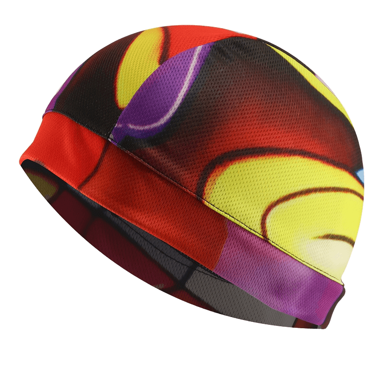 Colorful windproof sports beanie with printed patterns, made from soft stretchable polyester, ideal for cycling and outdoor activities.