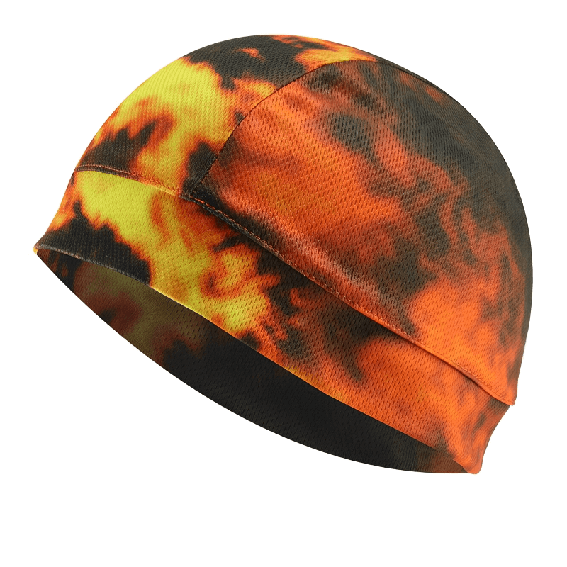 Outdoor sports beanie in vibrant orange and black print, windproof and stretchy, ideal for cycling and unisex wear. Model: SF1415.