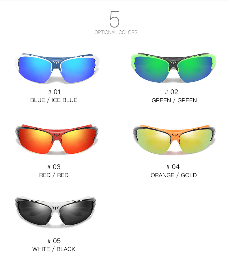 Five color options for SF2213 outdoor sports sunglasses: blue, green, red, orange, and white. Perfect for active lifestyles with UV protection.