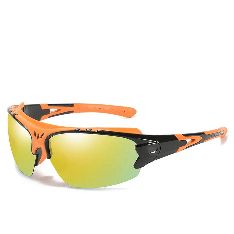 Sporty wrap-around sunglasses with orange and black durable frame, UV protection lenses, ideal for outdoor adventures and athletes.