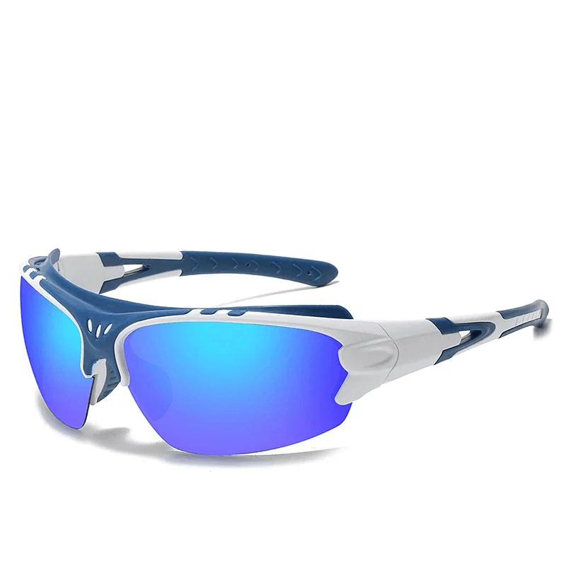 Durable UV protection wrap-around sports sunglasses SF2213 with blue lenses for outdoor activities; perfect for athletes and adventurers.