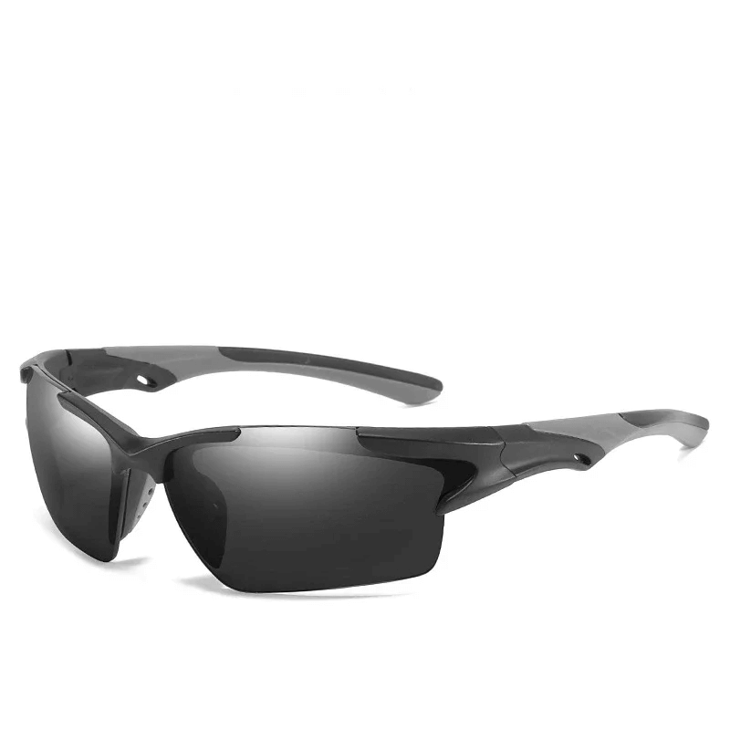 Sleek black outdoor sports sunglasses with UV protection and durable wrap-around frame, perfect for active lifestyles like running and cycling.