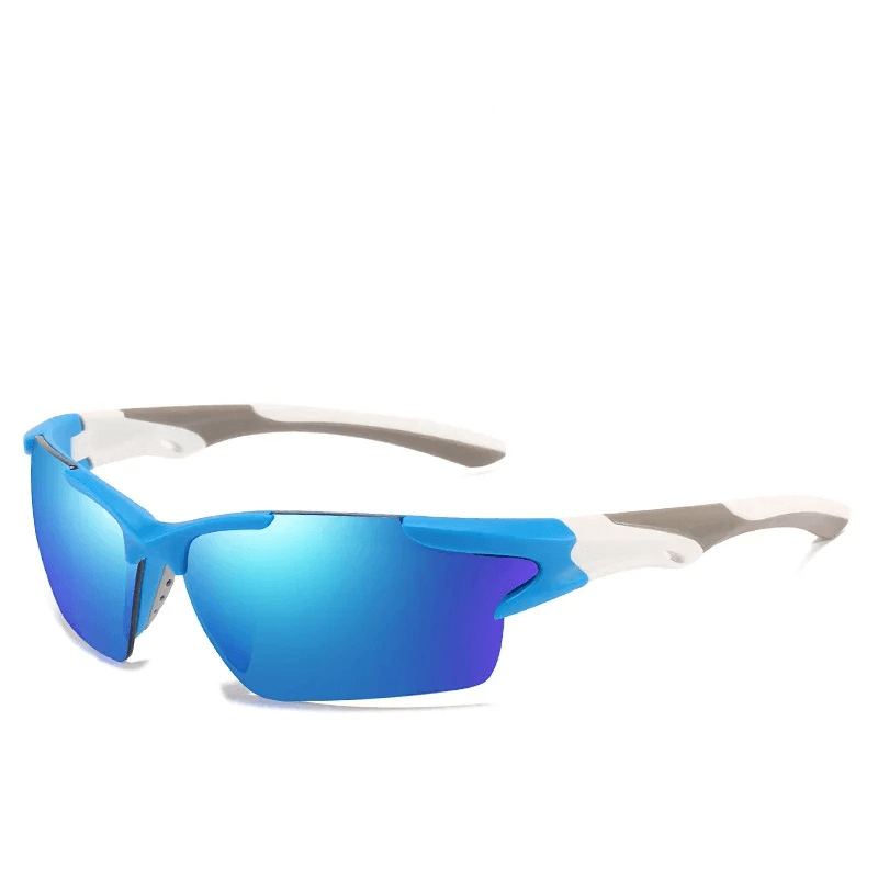 Blue UV protection sports sunglasses with wrap-around frame, perfect for outdoor adventures and athletic activities.
