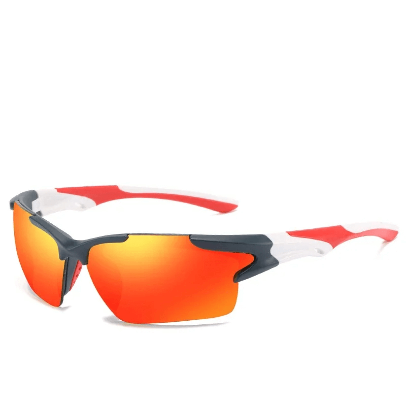Sleek wrap-around outdoor sports sunglasses with UV protection, red and black durable frame, ideal for cycling and running adventures.