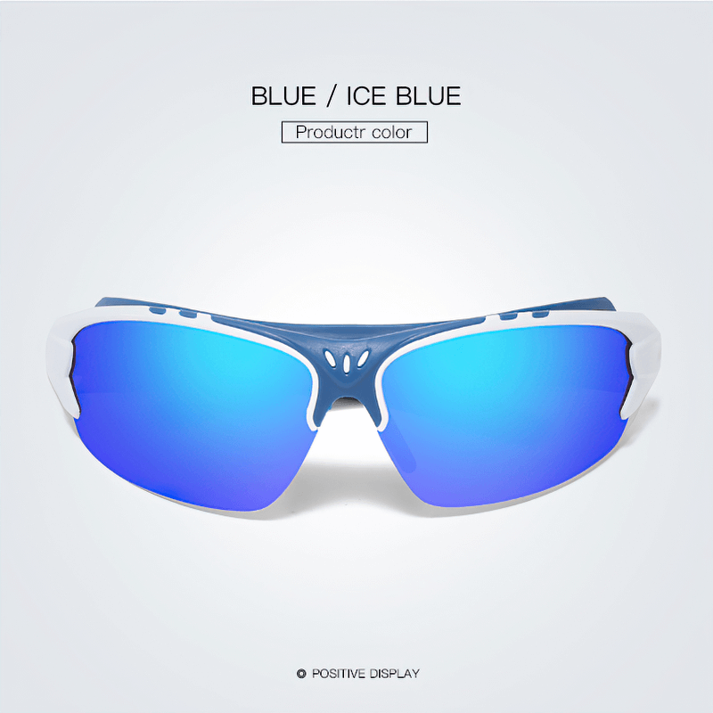 Blue ice blue outdoor sports sunglasses with UV protection and wrap-around frame, perfect for athletic adventures.