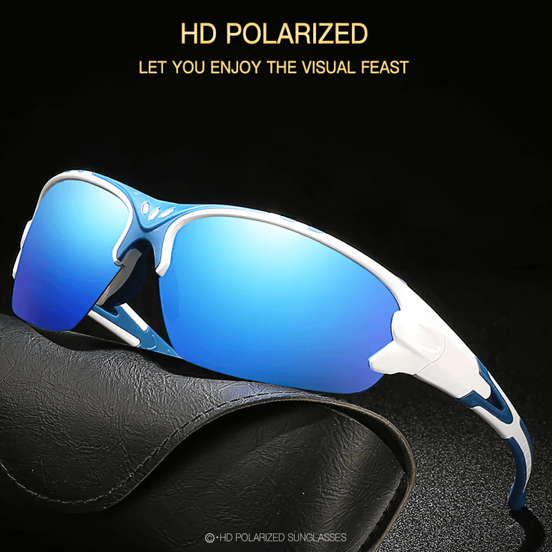 Sleek blue outdoor sports sunglasses with UV protection and durable wrap-around frame, perfect for high-energy activities.