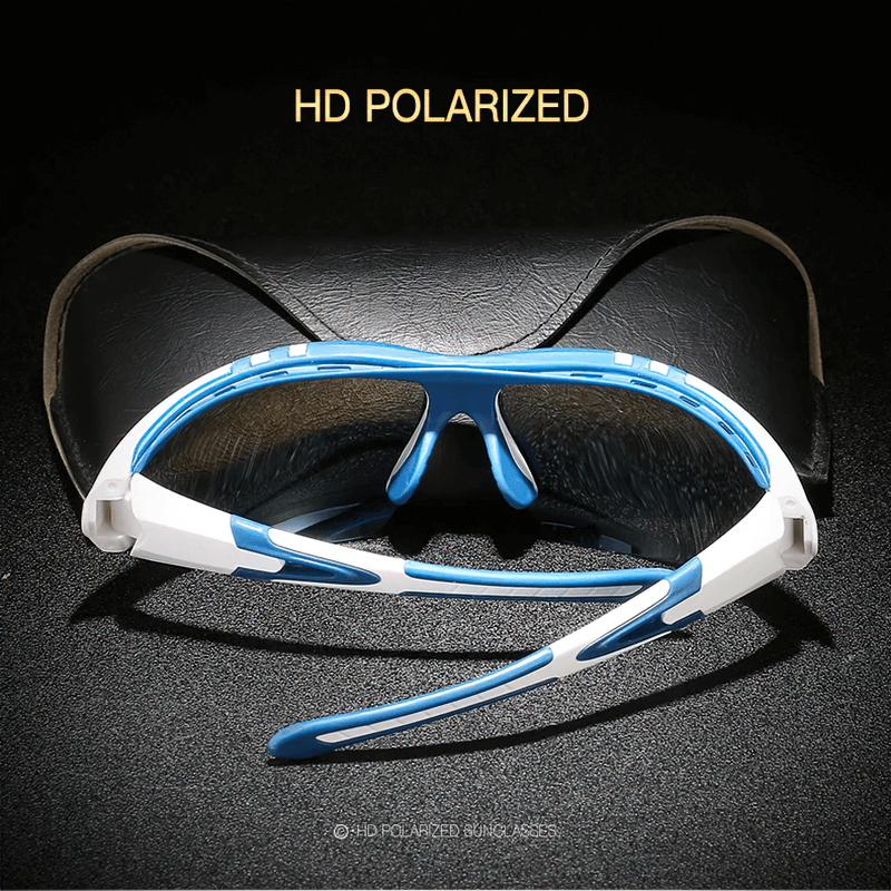 Back view of blue and white sports sunglasses with HD polarized UV protection lenses, perfect for outdoor activities like running and cycling.