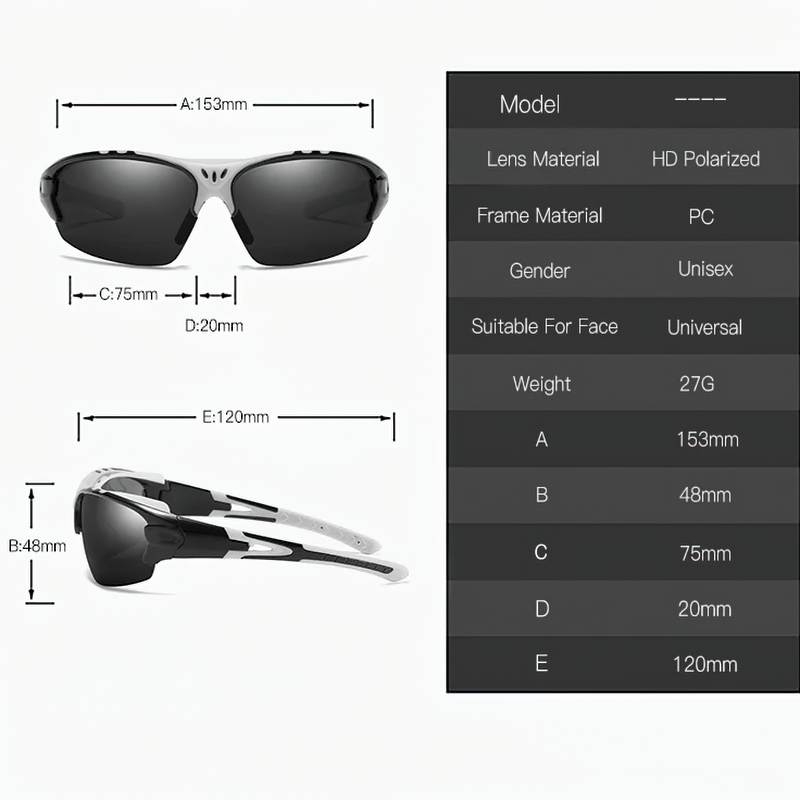 Diagram of sleek unisex sports sunglasses SF2213 with UV protection, dimensions, lens and frame materials highlighted for outdoor use.