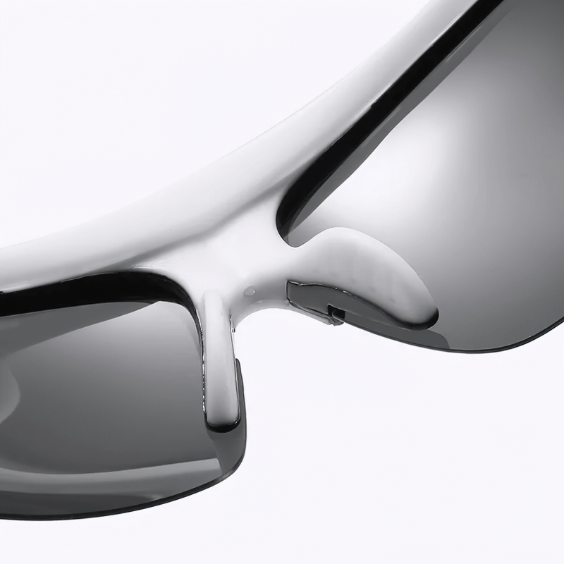 Close-up of durable wrap-around outdoor sports sunglasses with UV protection, perfect for active lifestyles like running and cycling.
