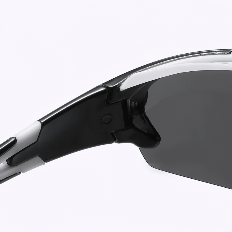 Close-up of durable wrap-around sports sunglasses with UV protection.