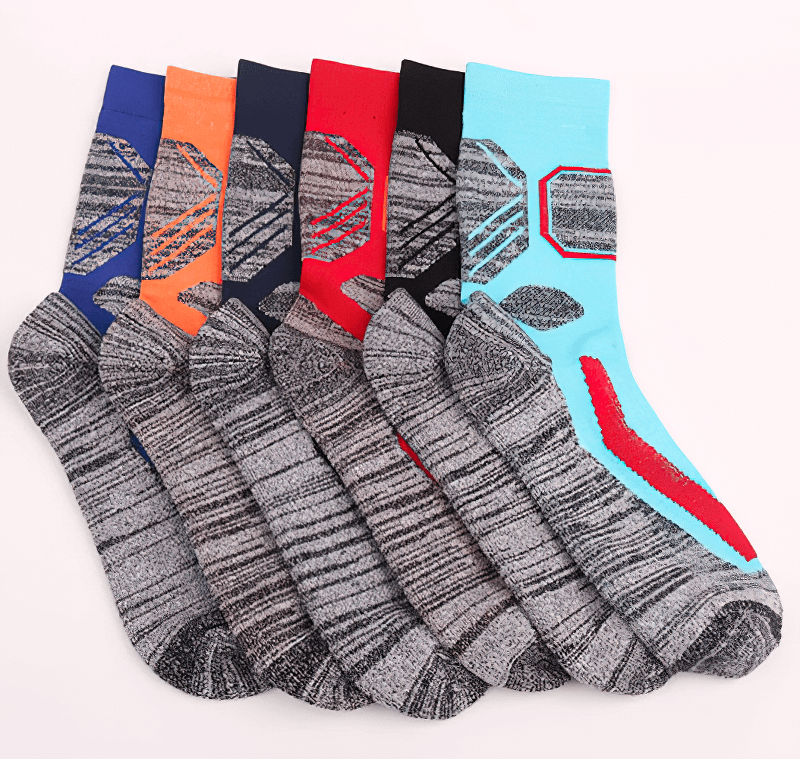 Set of colorful and thick outdoor sports skiing and hiking socks with a knee-high design, perfect for warmth and comfort.