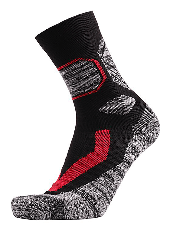 Black and grey Outdoor Sports Skiing Sock with red accents, featuring thickening and knee-high design for warmth and comfort.
