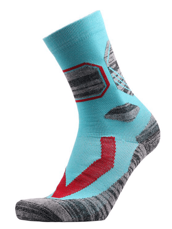 A vibrant pair of outdoor sports skiing socks with breathable fabric and anti-friction technology for warmth and comfort, featuring a stylish red and blue design.