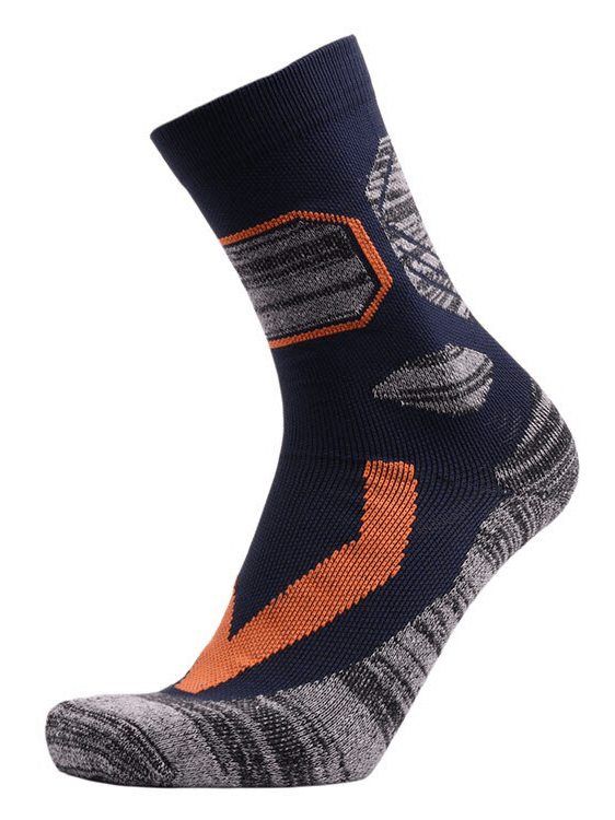 Warm skiing and hiking sock in navy with orange and grey pattern, designed for outdoor sports. Model SF1390, breathable and thickened for comfort.