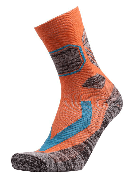 Orange and gray skiing sock with anti-friction design, featuring blue accents ideal for outdoor sports warmth and protection.