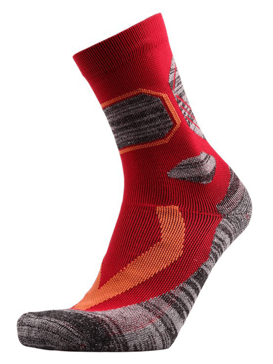 Red and grey thick skiing sock with breathable fabric, ideal for outdoor sports like hiking and skiing, featuring knee-high protection.