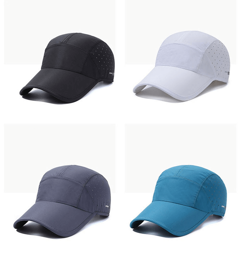 Four outdoor sports waterproof breathable baseball caps in black, white, gray, and blue, featuring adjustable straps and solid design.