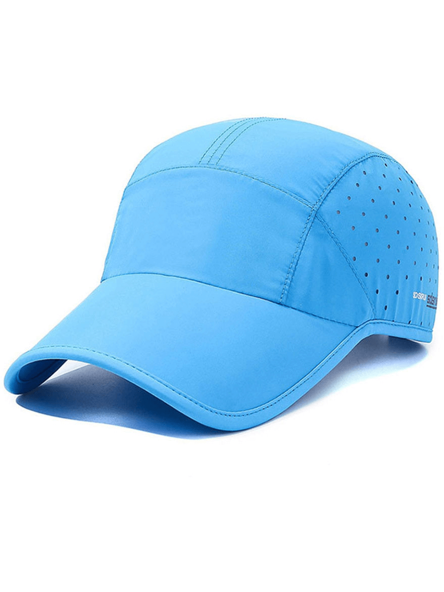 Light blue waterproof breathable adjustable baseball cap, perfect for outdoor sports with polyester material and an adjustable strap.