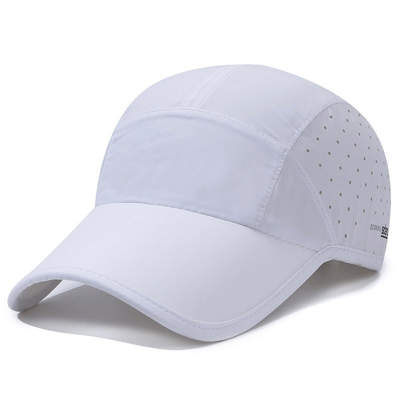White waterproof breathable baseball cap with adjustable strap for outdoor sports.
