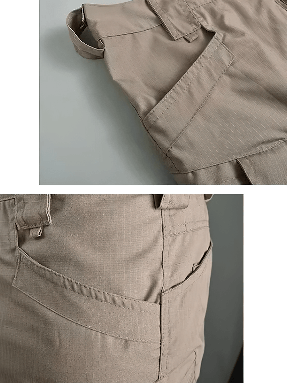 Alt Tag: Outdoor Tactical Cargo Shorts with Utility Pockets - SF4487 close-up of utility flap pocket stitching and rugged ripstop fabric