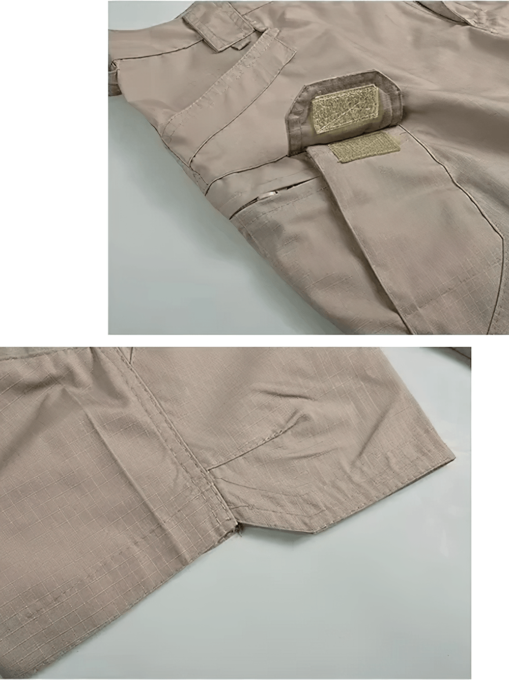 Alt Tag: Outdoor Tactical Cargo Shorts with Utility Pockets - SF4487 close-up of utility flap pocket and knee-length hem, rugged combat shorts