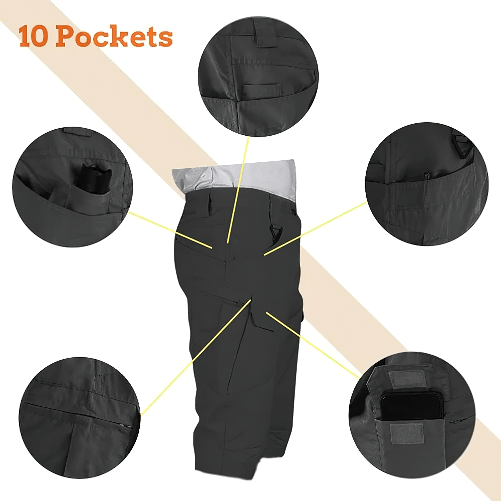 Outdoor Tactical Cargo Shorts with Utility Pockets - SF4487 black combat capri shorts with 10 utility pockets, elastic waist, hiking/work ready