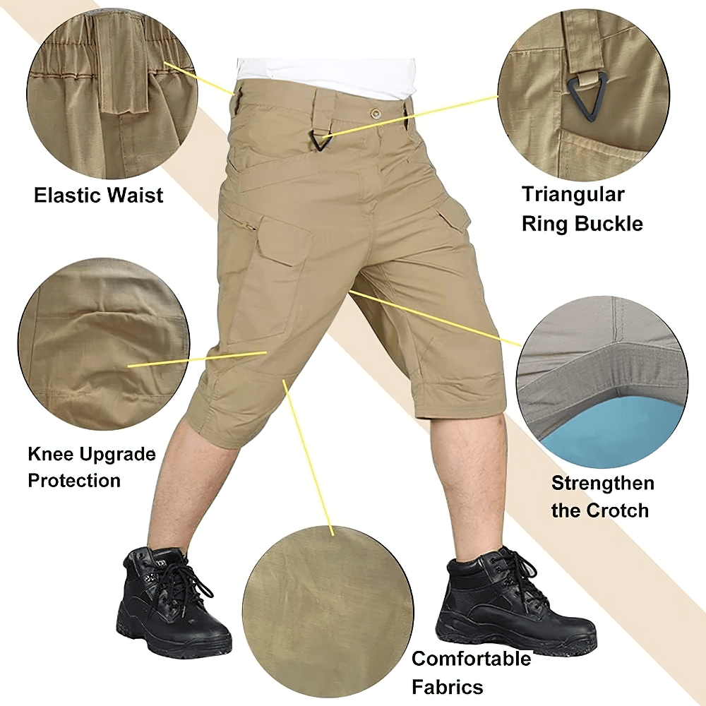 Outdoor Tactical Cargo Shorts with Utility Pockets - SF4487 with elastic waist, utility pockets, knee protection & triangular ring buckle