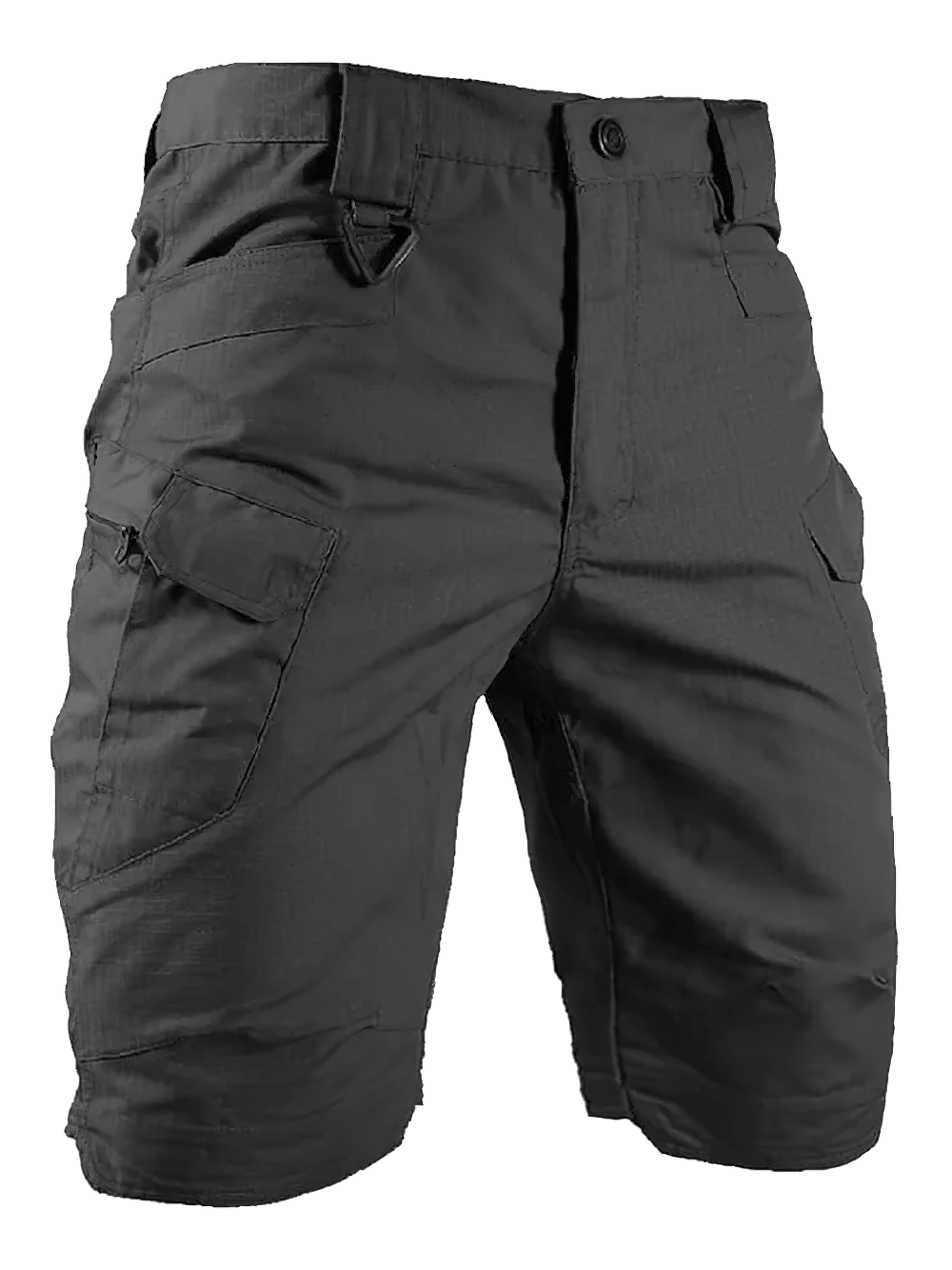Alt Tag: Outdoor Tactical Cargo Shorts with Utility Pockets - SF4487 men’s black combat cargo shorts with utility flap pockets and buckle