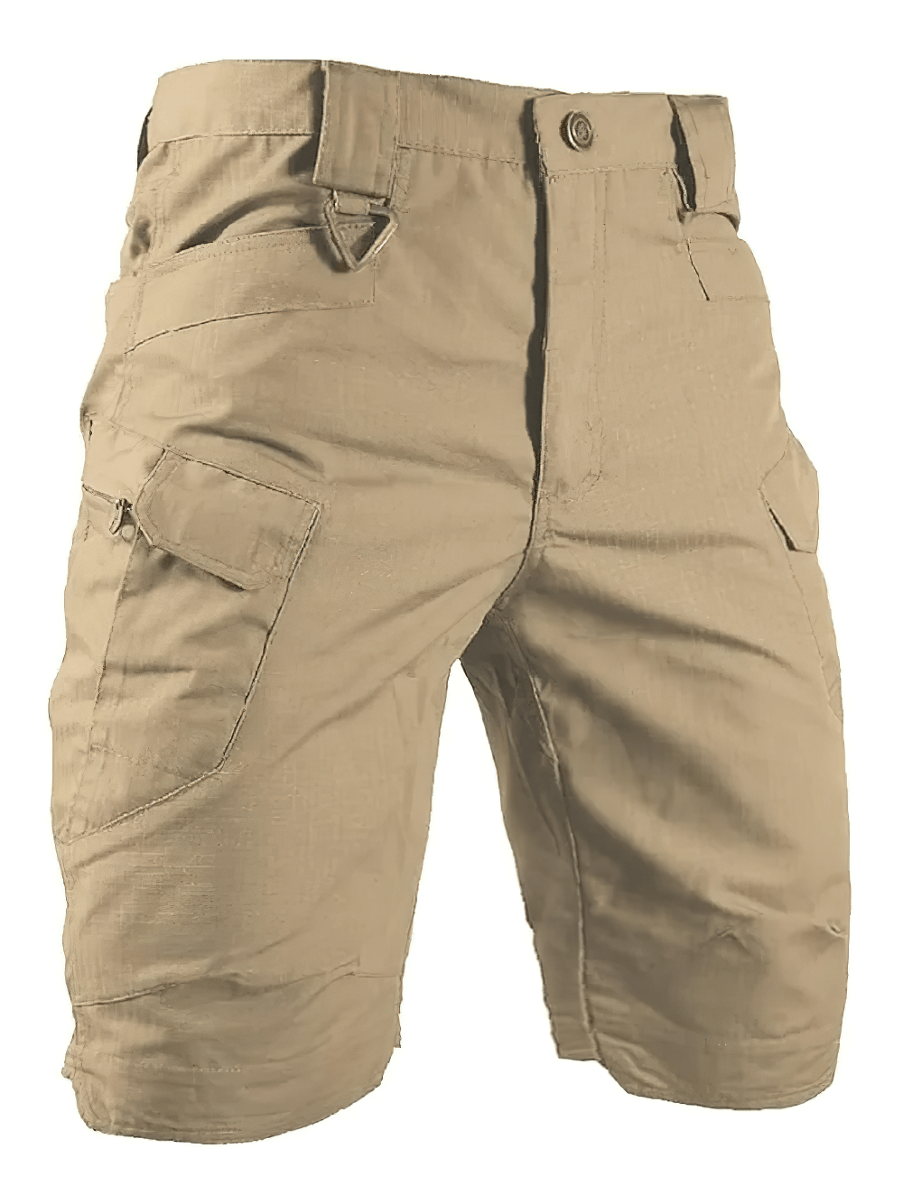 Alt Tag: Outdoor Tactical Cargo Shorts with Utility Pockets - SF4487 khaki men’s combat cargo shorts with utility flap pockets and elastic waist