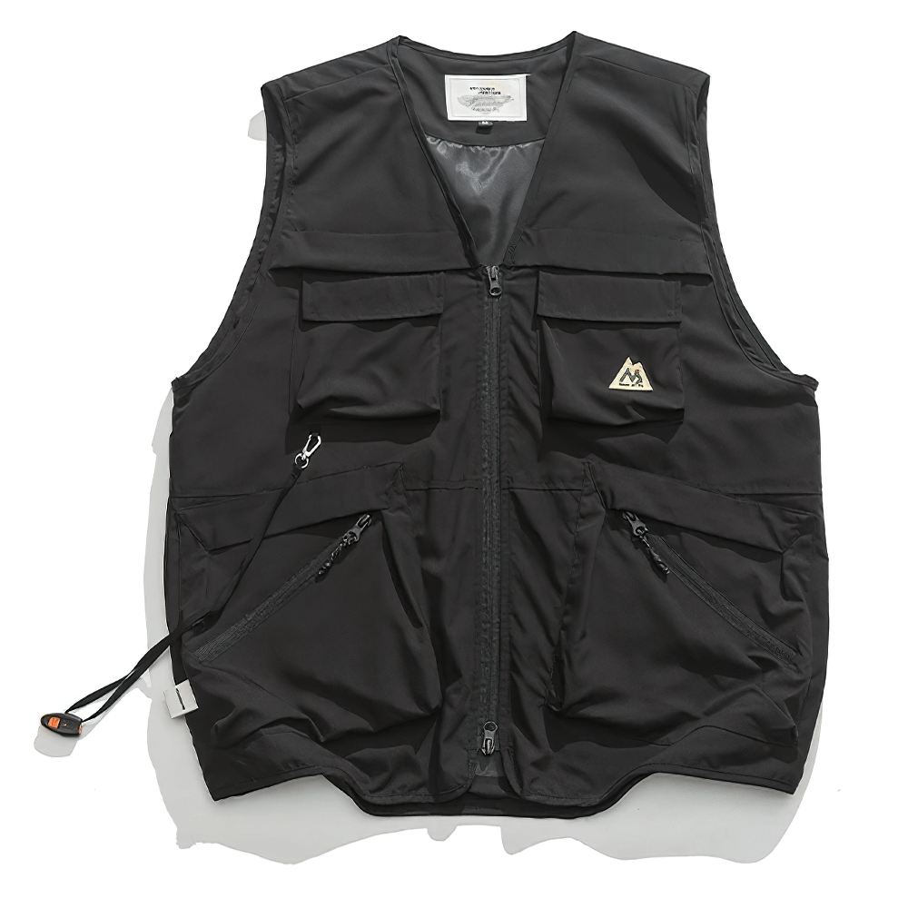 Lightweight black tactical utility vest with multiple pockets for fishing and hiking; perfect for outdoor adventures. Model SF2285.