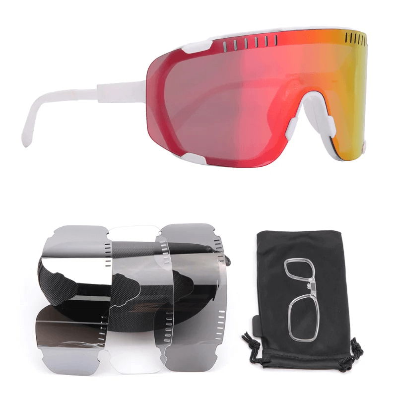 Outdoor triple lens cycling sunglasses SF2221 with interchangeable lenses and carrying pouch for cycling enthusiasts.