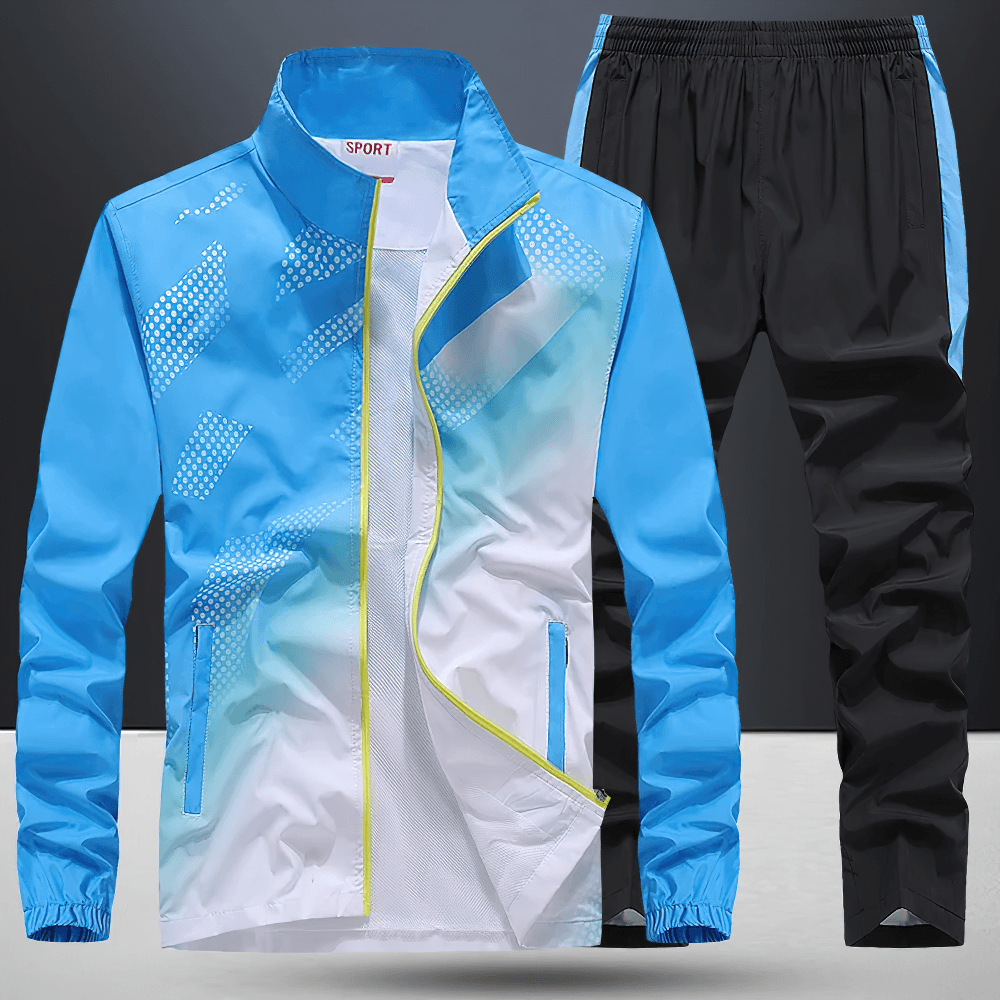 Blue gradient waterproof sports jacket and pants set for outdoor activities. Lightweight, breathable, and perfect for hiking or casual wear.