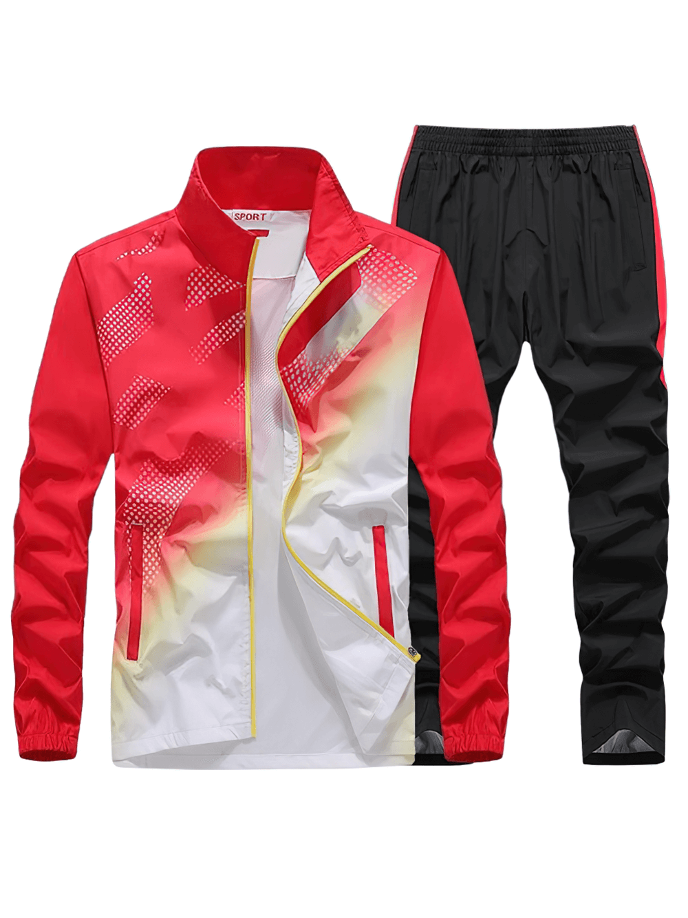 Red gradient outdoor waterproof sports jacket and pants set SF2286, designed for hiking and training with breathable polyester.