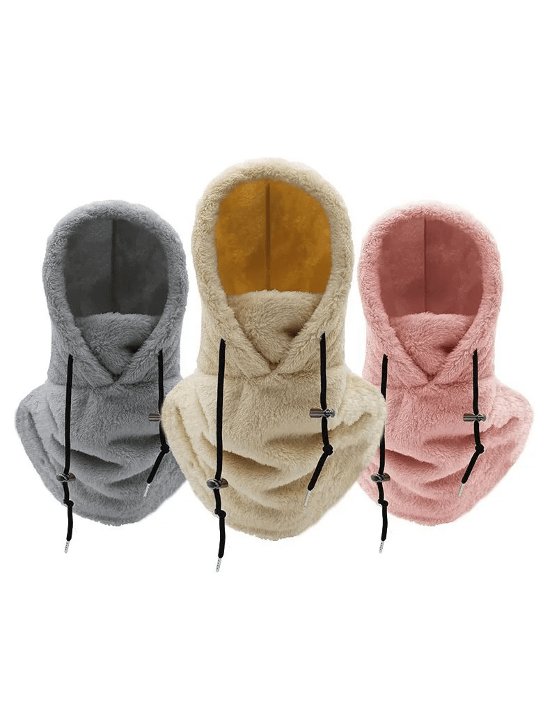 Three colorful fleece balaclavas with adjustable ropes, designed for windproof outdoor comfort and warmth.
