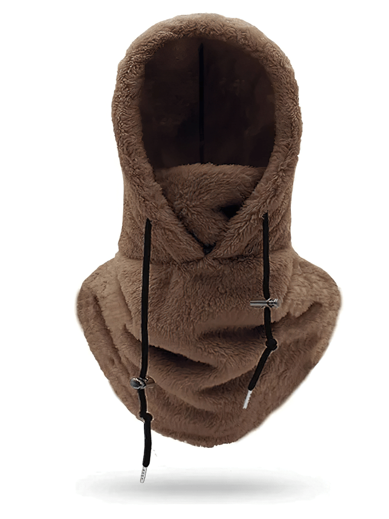 Outdoor windproof fleece balaclava with adjustable rope in brown, perfect for women, featuring superior comfort and warmth.