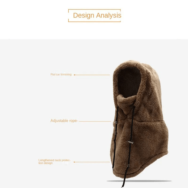 Outdoor windproof fleece balaclava with adjustable rope, detailed design analysis highlighting flat car trimming and neck protection.