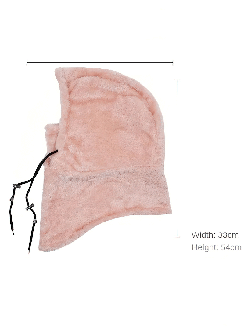 Pink windproof fleece balaclava with adjustable rope, dimensions 33cm width, 54cm height, perfect for outdoor protection and warmth.