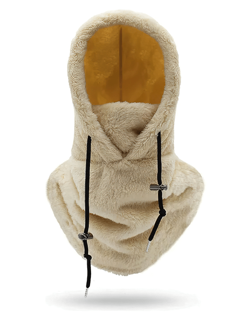 Beige outdoor windproof fleece balaclava with adjustable rope for women, made of breathable polyester and faux leather.