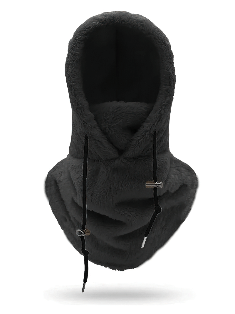 Black windproof fleece balaclava with adjustable rope, ideal for outdoor use. Made of breathable polyester for comfort and warmth.