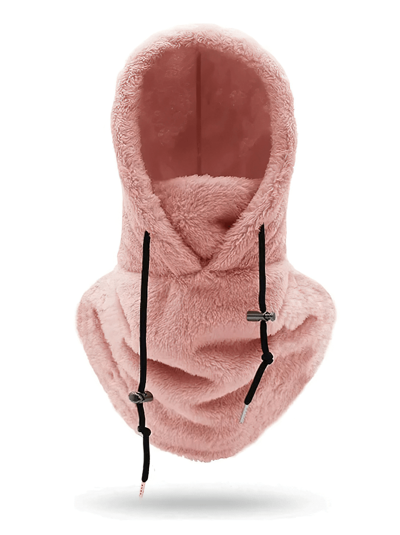 Pink outdoor windproof fleece balaclava with adjustable rope for women, offering comfort and warmth for all-year outdoor adventures.