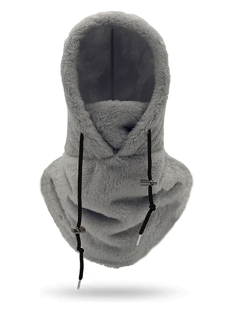 Gray outdoor windproof fleece balaclava with adjustable rope, for women, made from polyester and faux leather.