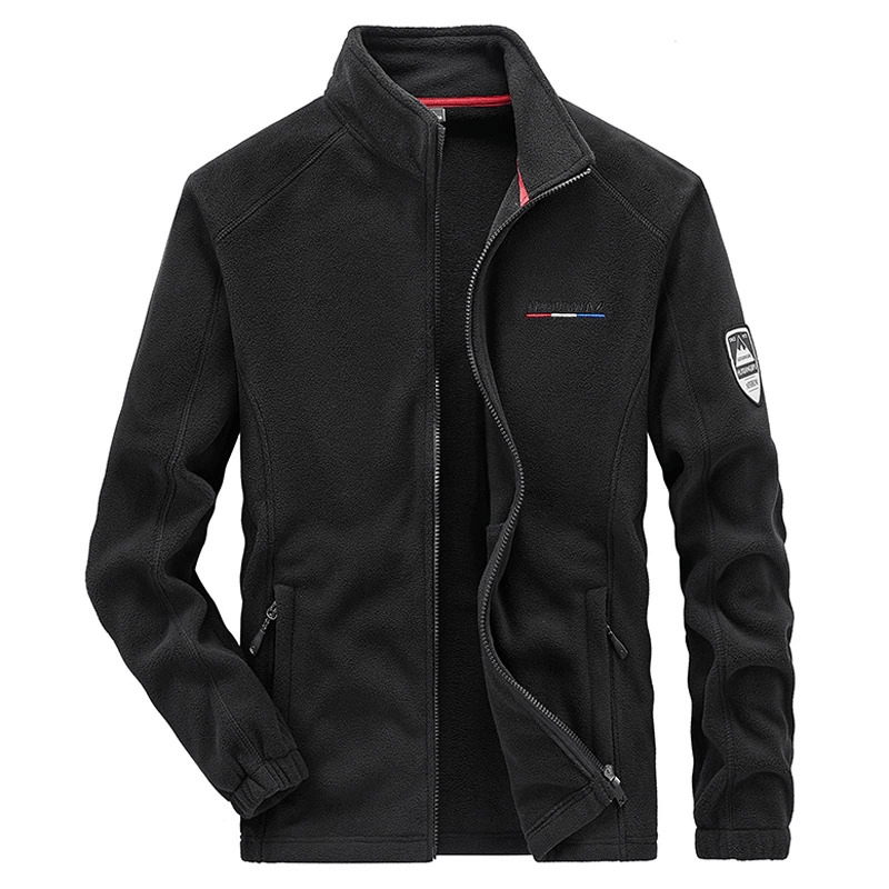 Men's black outdoor zipper fleece hiking jacket with inside pockets, stand collar, and a stylish patch, model SF0686.